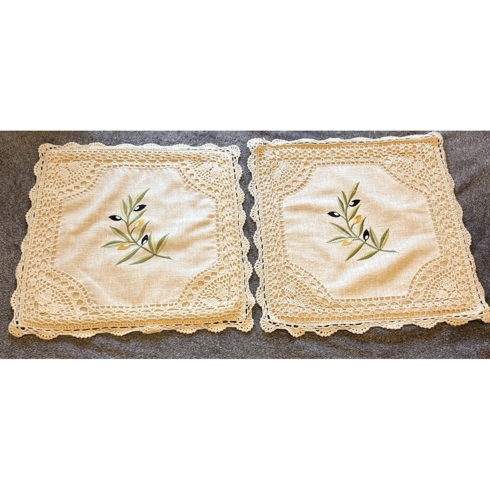 VTG Embroidered & Crocheted‎ Olive Branch Pillow Cover Set Cream 16.5" Cottage